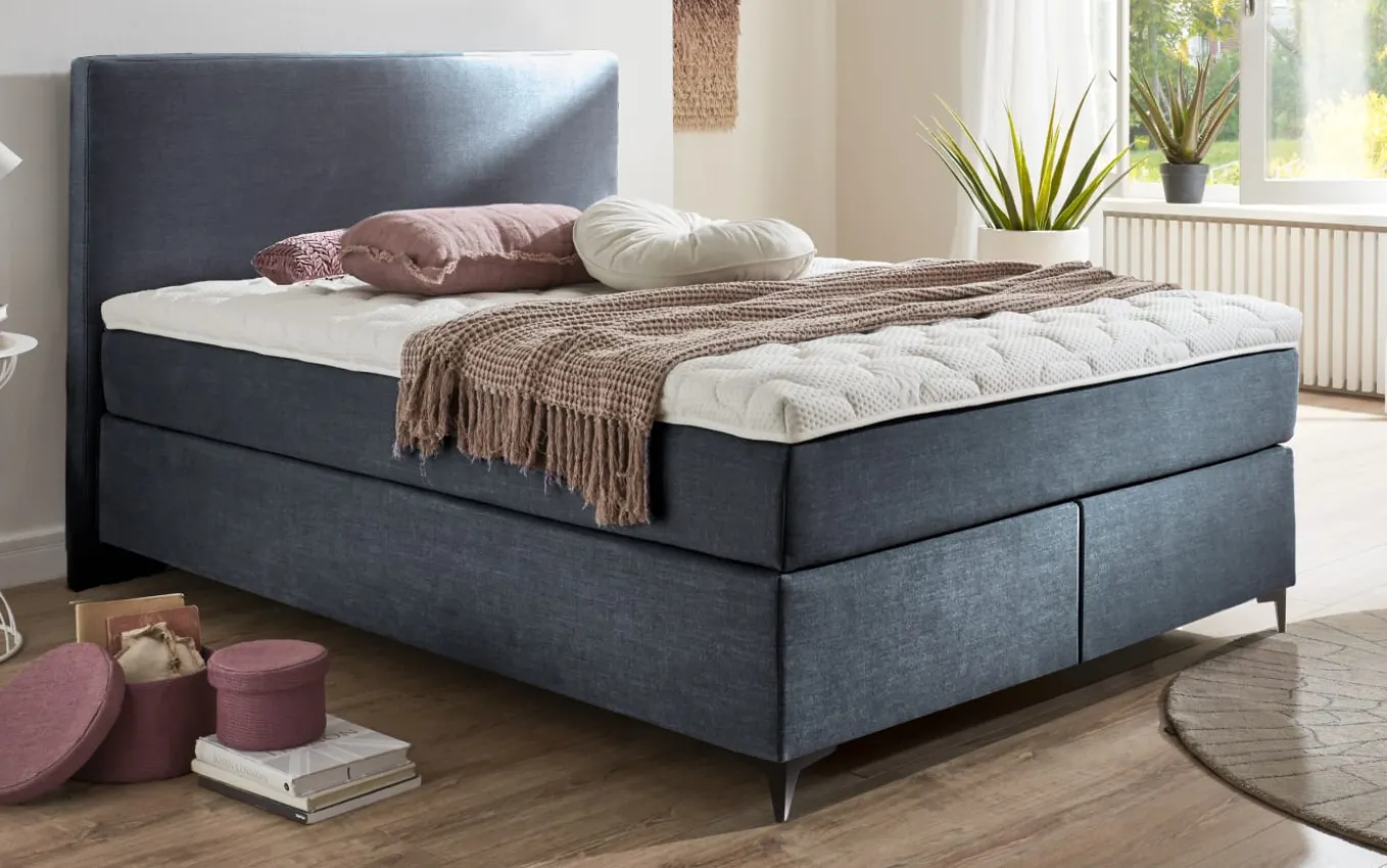Boxspringbett Somo, Fluff Blue Horizont, 140 x 200 cm, Härtegrad 3