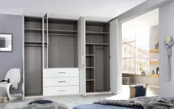Drehtürenkleiderschrank Montclar, Hochglanz weiß, 250 x 223 cm, inkl. 2 Spiegeltüren und 3 Schubkästen