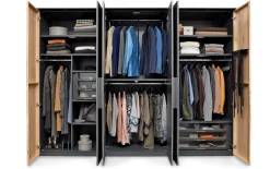 Drehtürenschrank Joline, Lack graphit/Wildeiche massiv, 299 x 222 cm