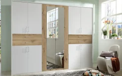 Drehtürenschrank Taiga, weiß, Absetzungen Plankeneiche, 270 x 208 cm