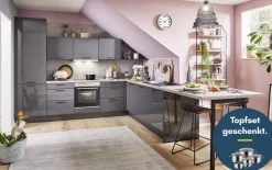 Einbauküche Perfect Brillant, perlgrau, inkl. Miele Elektrogeräte