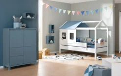 Highboard Olli, kreideweiß, blau matt, 3-türig, 2 Schubkästen