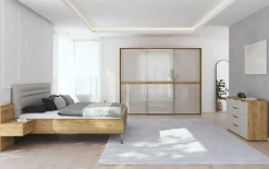 Schwebetürenschrank Ajana, Asteiche Nachbildung/champagner, 271 x 223 cm
