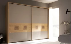 Schwebetürenschrank Multiline, Lack taupe/Balkeneiche, 270,6 x 230 cm