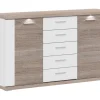 Sideboard Manhattan, weiß Hochglanz, Eiche Sägerau geschroppt Nachbildung, inkl. Korpusfrontbeleuchtung