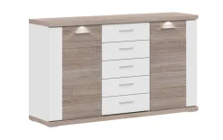 Sideboard Manhattan, weiß Hochglanz, Eiche Sägerau geschroppt Nachbildung, inkl. Korpusfrontbeleuchtung
