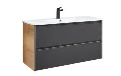 Waschbeckenunterschrank Bordeaux, schwarz/Eiche Halifax-Nachbildung, inkl. LED-Beleuchtung